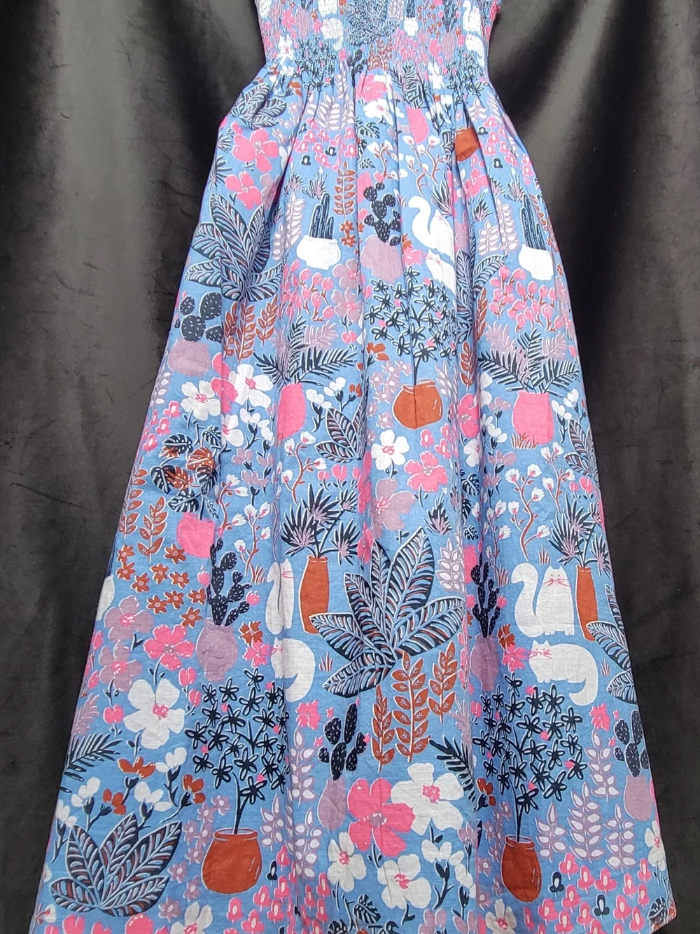 Kate Spade New York Cat Print Smocked Midi Dress Blue Floral Pockets Size XS